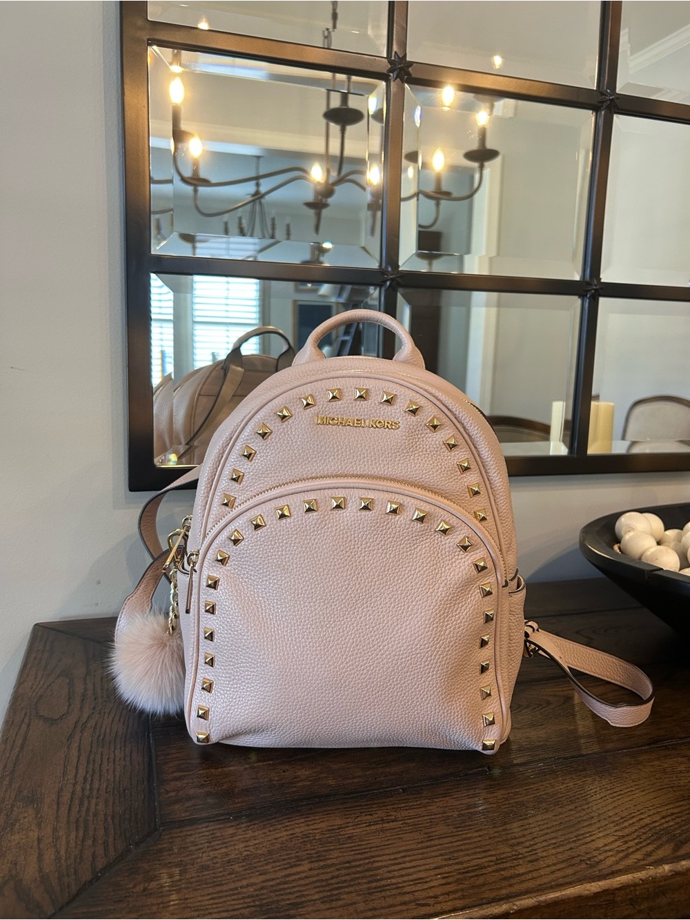 Michael Kors light pink Abbey studded leather backpack